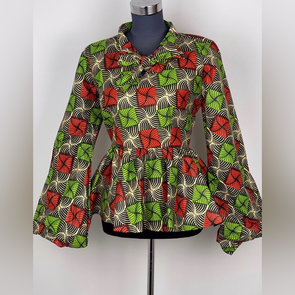 Green Multicolor African Print Ankara Long Sleeve Handmade Peplum Blouse